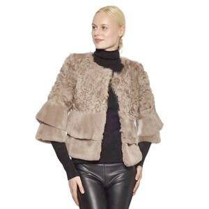 Linda Richards Genuine Rex Rabbit Fur and Lamb Bracelet Sleeve Jacket Medium